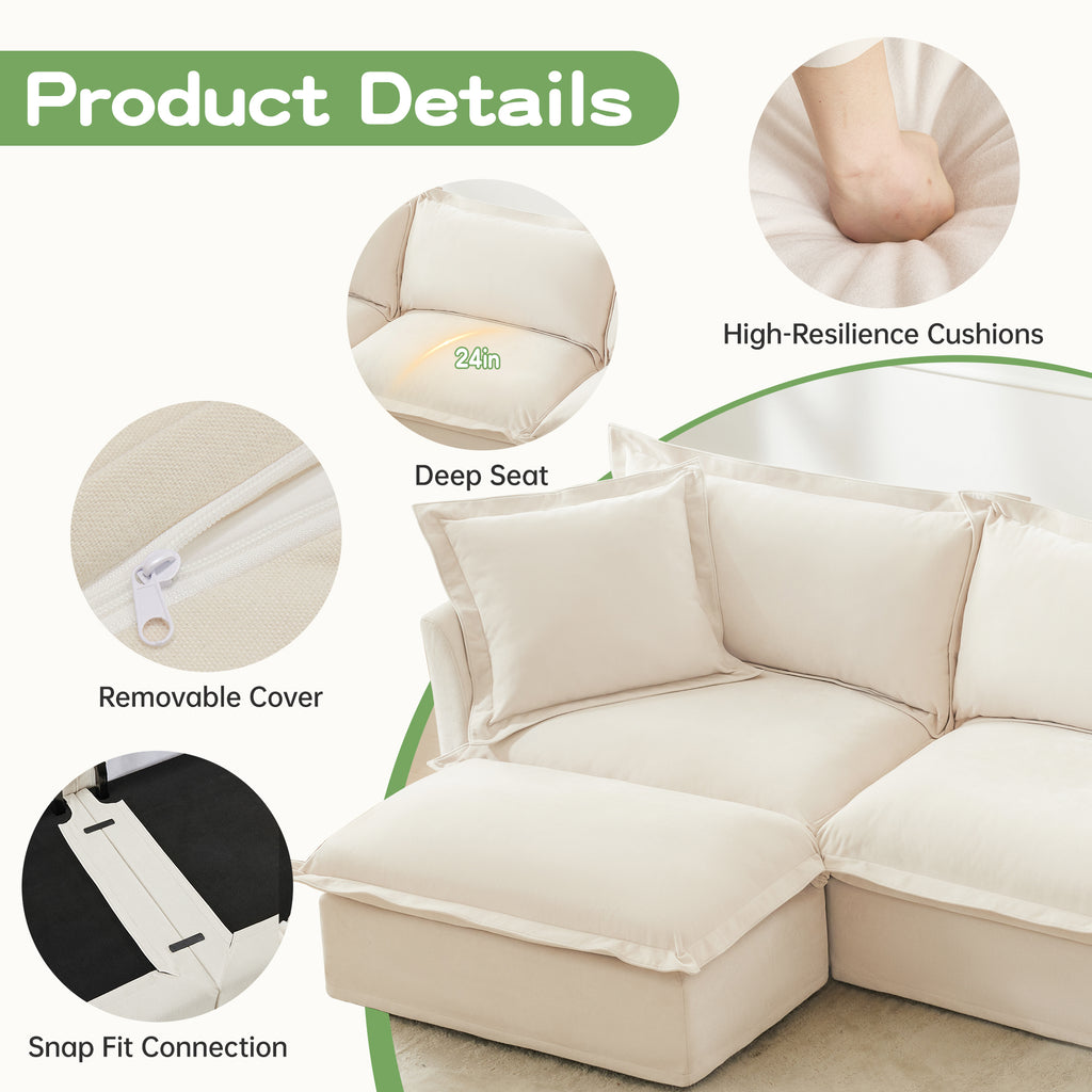 Comfy L-Shaped Sectional Sofa, Oversized Cloud Couch with Convertible Ottoman for Living Room