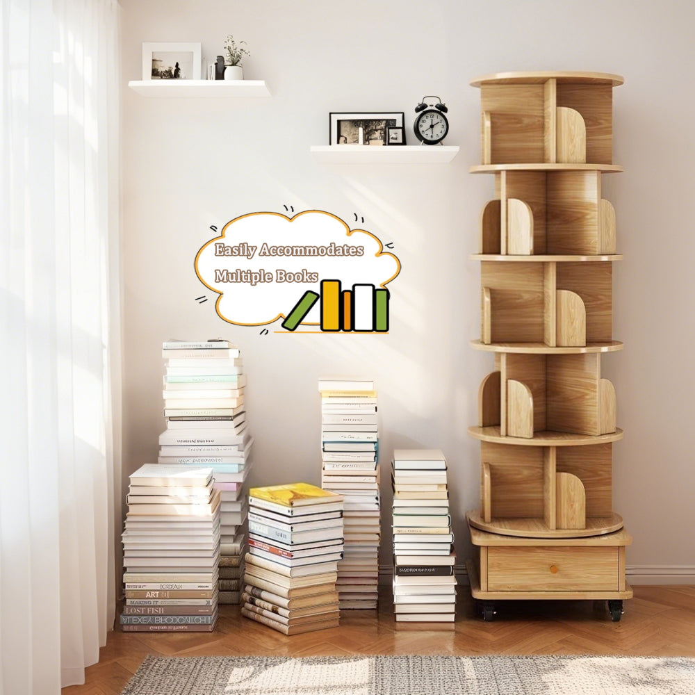 Chic Crate-6-Tier Rotating Bookshelf – 360° Display | Wheels+Drawer | Space-Saver | Bedroom/Living Room/Office | Wood