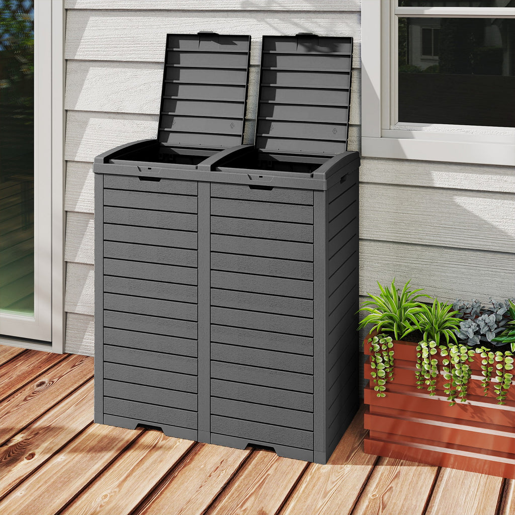 Outdoor Trash Bin, Resin Manual Lift Garbage & Recycling Storage Deck Box with Lid