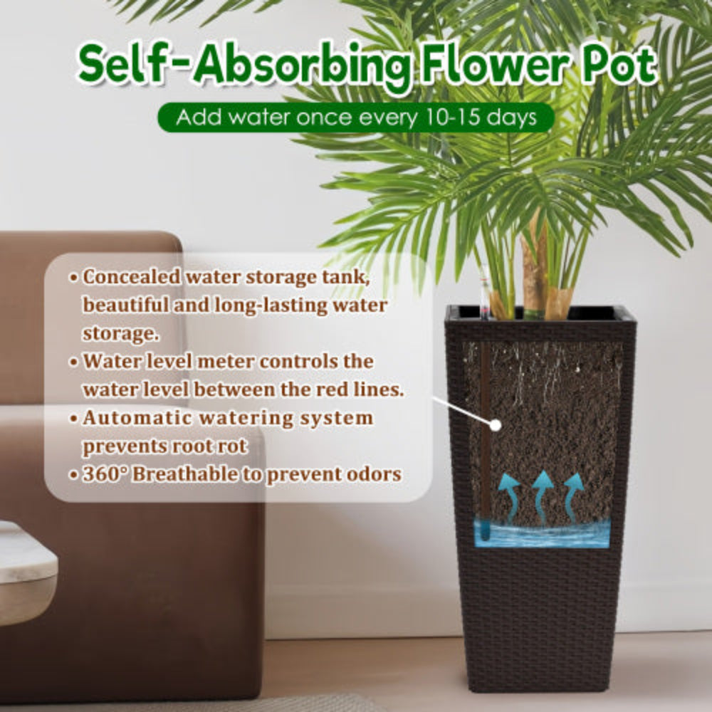 Pack of 2 22-Inch Square Faux Rattan Planters, Flower Pots with Automatic Watering System for Indoor Outdoor Porch Patio Backyard Garden, Brown