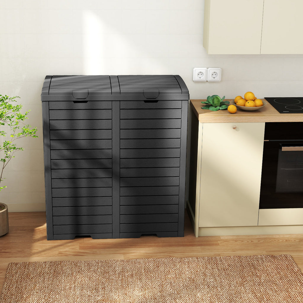 62 Gallon Outdoor Trash Bin, Resin Manual Lift Garbage & Recycling Storage Deck Box with Double-Bucket