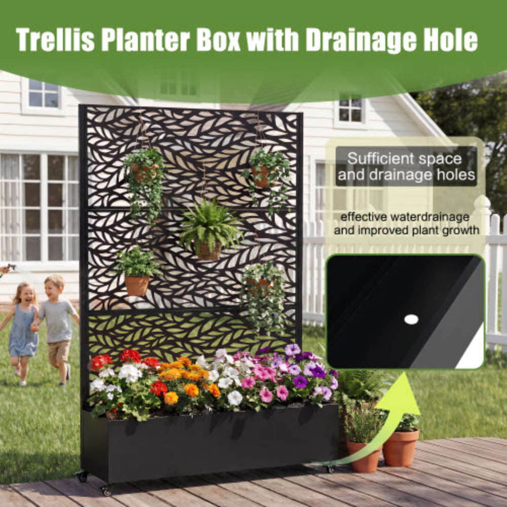 Chic Crate Metal Raised Garden Bed with Wheels, Privacy Screen Drainage Holes & Trellis 73"x47"x16" Planter Box for Climbing Plants Vegetables Vines