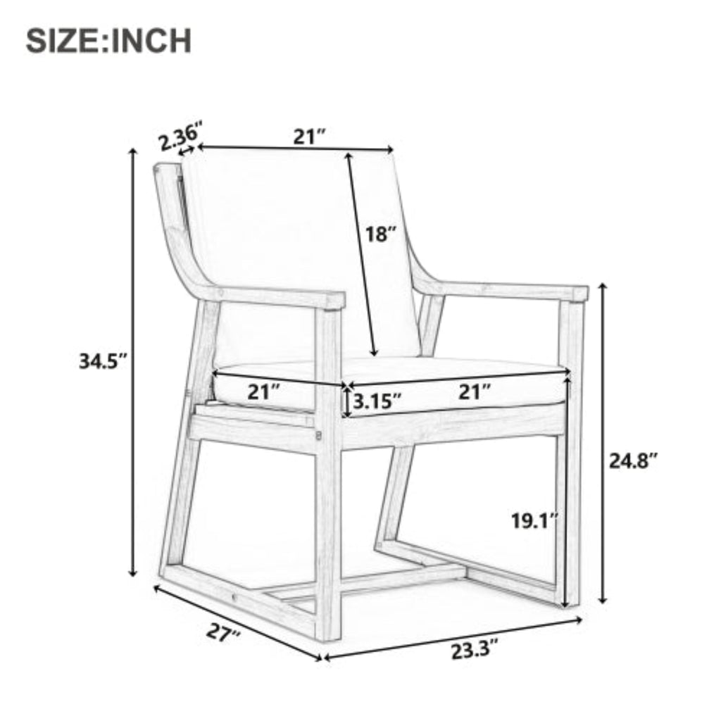 Patio Dining Chair Set of 2 Wood Armchairs with Removable Cushions for Garden and Patio