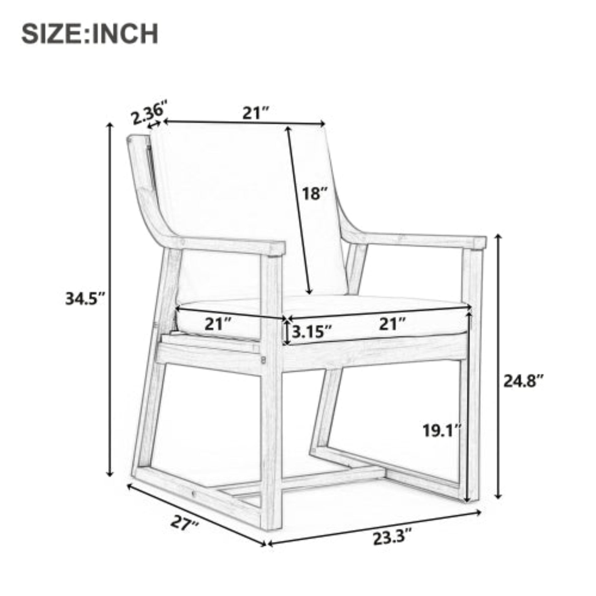 Patio Dining Chair Set of 2 Wood Armchairs with Removable Cushions for Garden and Patio