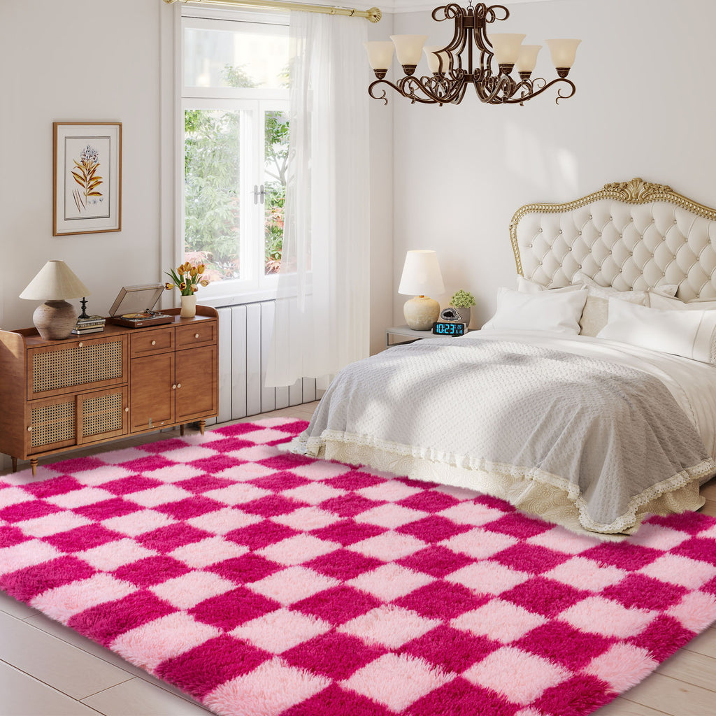 5x7 Feet Checkered Area Rugs For Living Room, Black Modern Super Soft Fluffy Rugs for Bedroom Home Aesthetic Decor