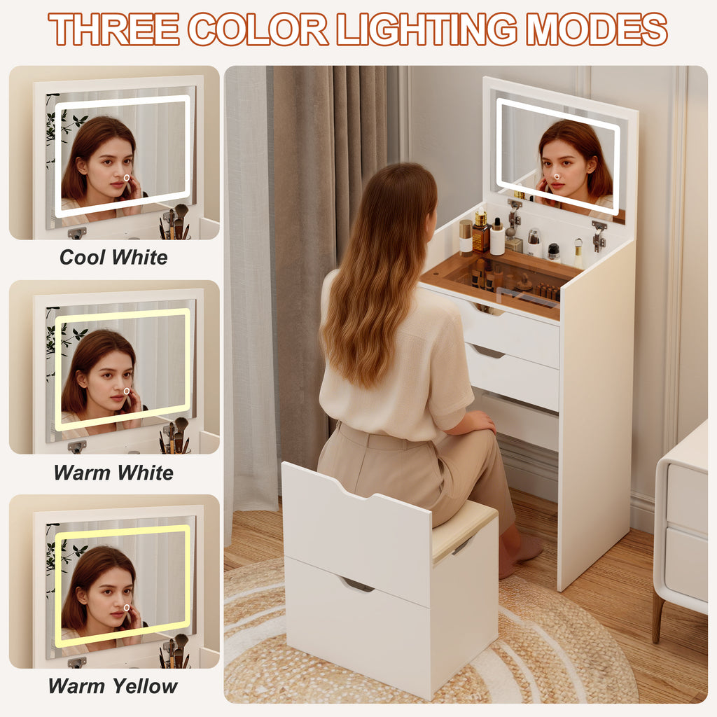 Makeup Vanity with Lights, 3-in-1 Vanity Desk Set with HD Mirror, 2 Drawers & Hidden Storage Stool