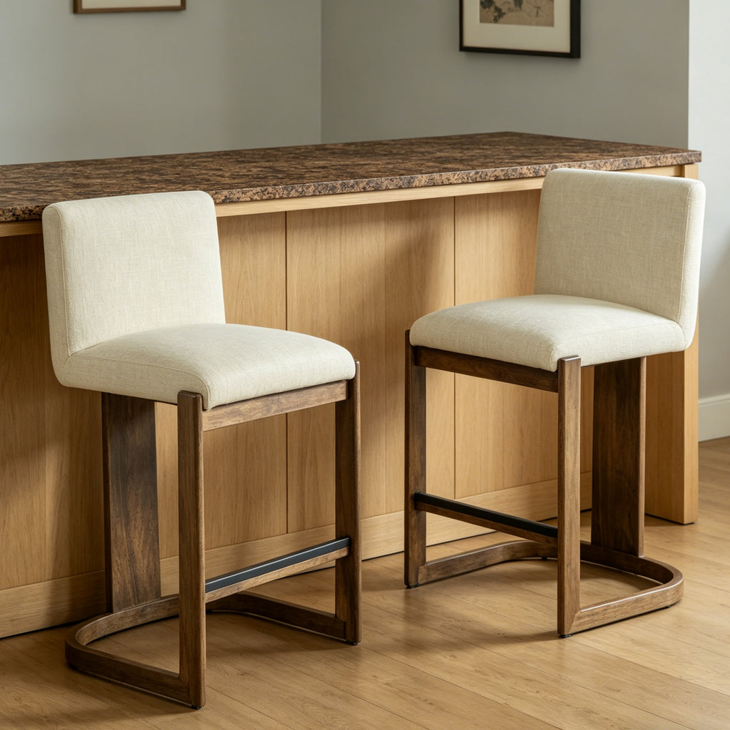 Solid Wood Counter Stools with Linen Upholstery & Walnut Finish - 24" (Set of 2)