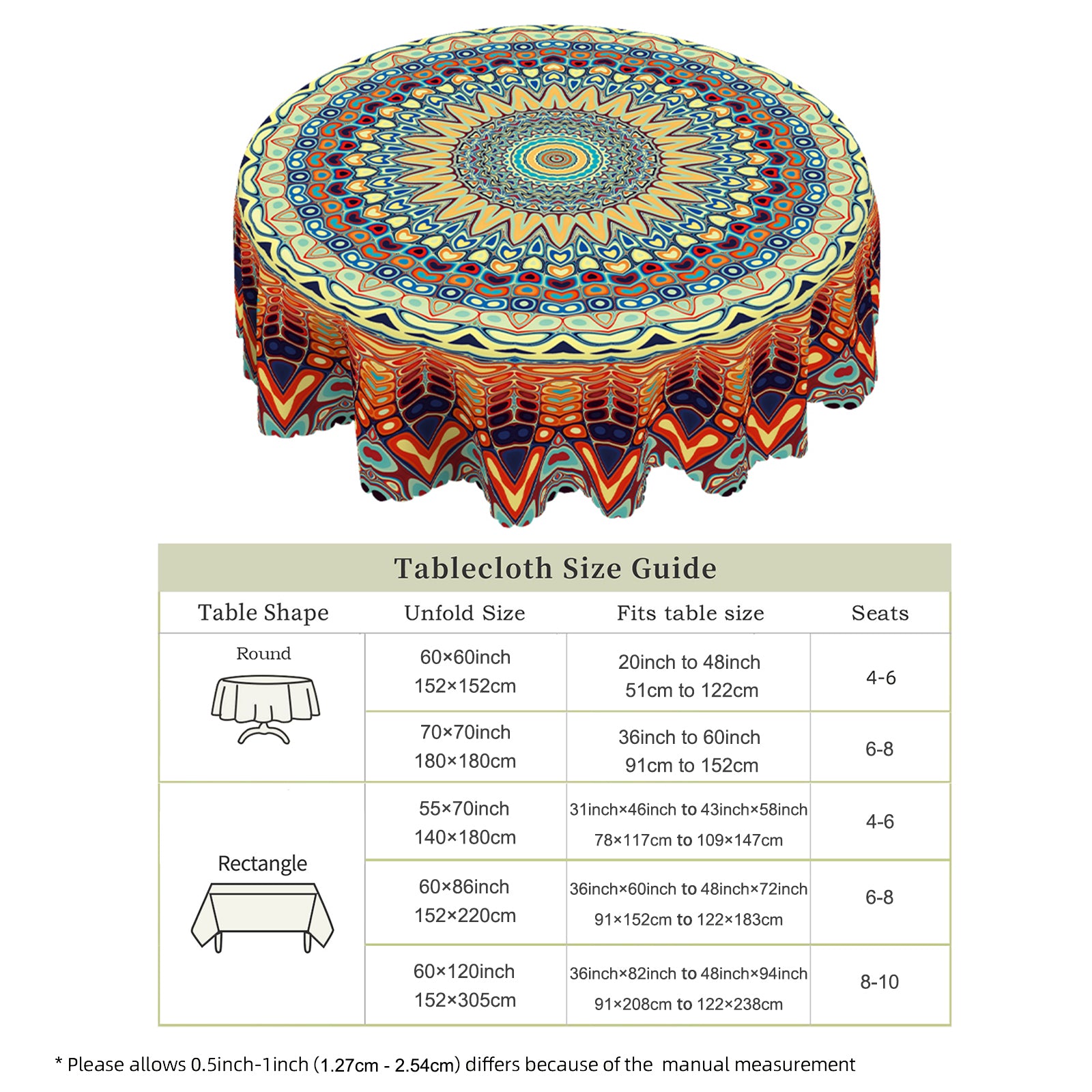 Bohemian Tablecloth with Colorful Pattern, Dustproof Easy-Care Dining Table Cover for Indoor Outdoor Use and Festive Decor