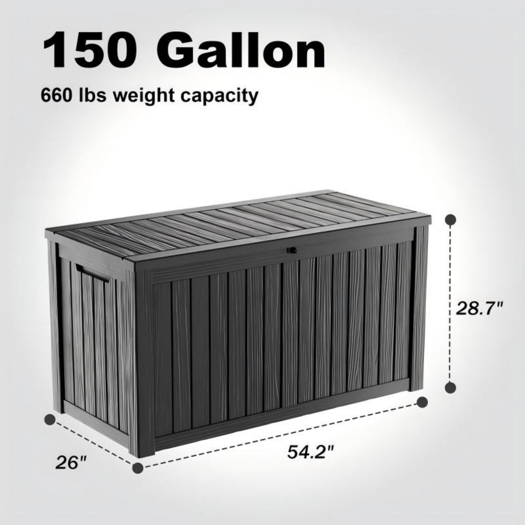 150 Gallon Resin Deck Box, Water-Resistant Lockable Outdoor Storage Box for Patio Organization