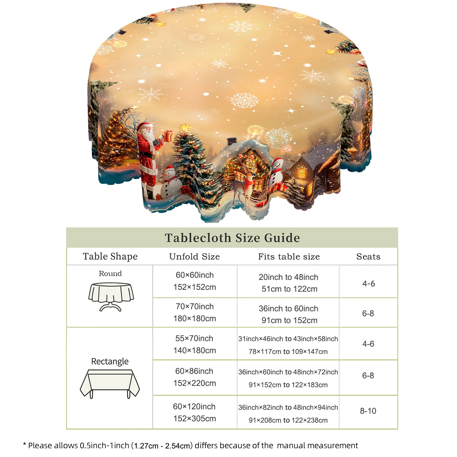 Christmas Tablecloth with Santa, Reindeer and Snowman Designs, Dustproof Dining Table Cover for Festive Holiday Decor
