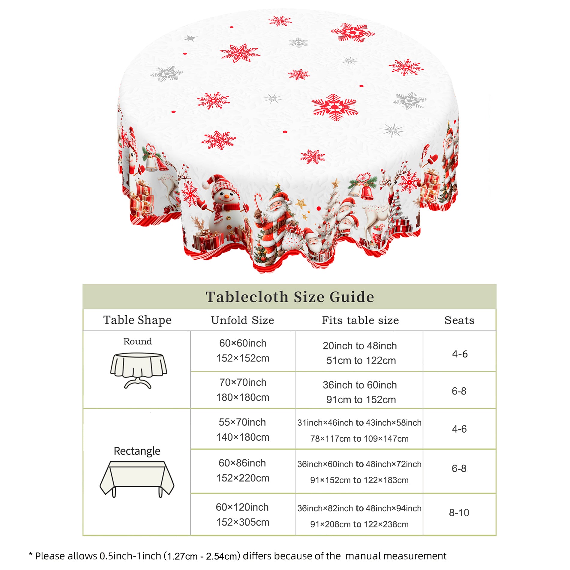 Christmas Tablecloth, Winter Snowman Christmas House Christmas Trees Tablecloth Washable Tablecloth for Party Picnic Dinner Decor