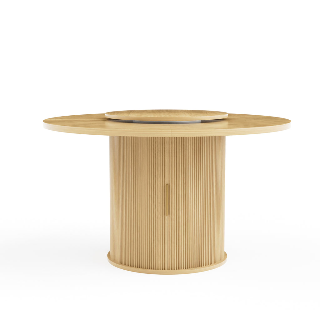 Round Dining Table with Rotating Tray, Double-Tier Storage Rack with Wavy Striped Sliding Doors