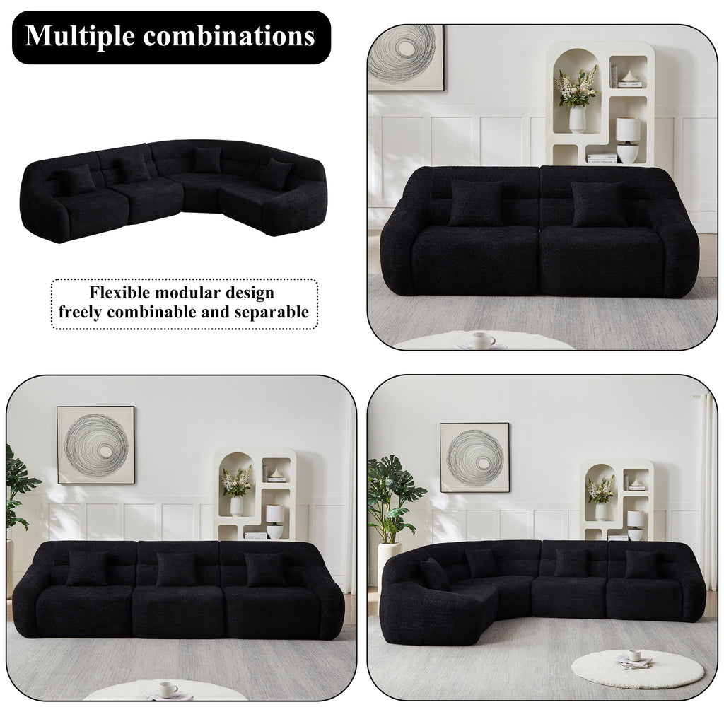 Curved Corner Sectional Sofa, Chenille Modular Cloud Sofa, High-Back 4-Seater Couch, No Assembly