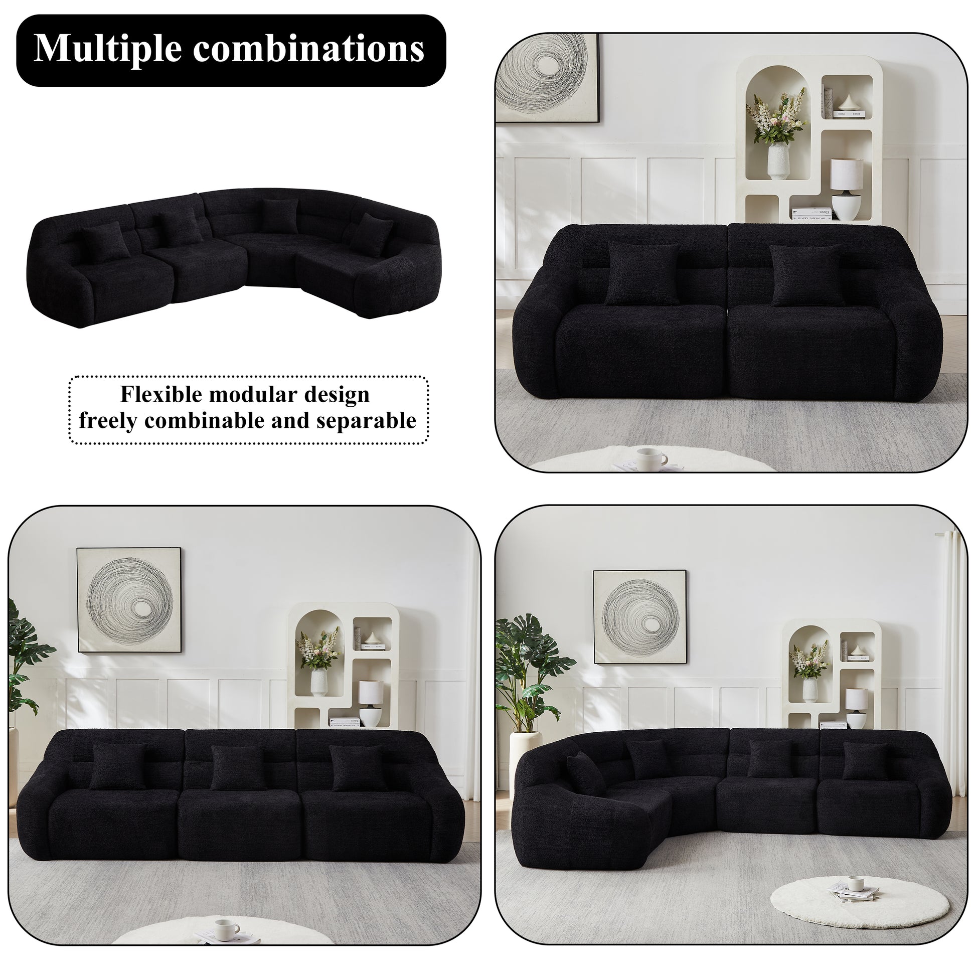 Curved Corner Sectional Sofa, Chenille Modular Cloud Sofa, High-Back 4-Seater Couch, No Assembly