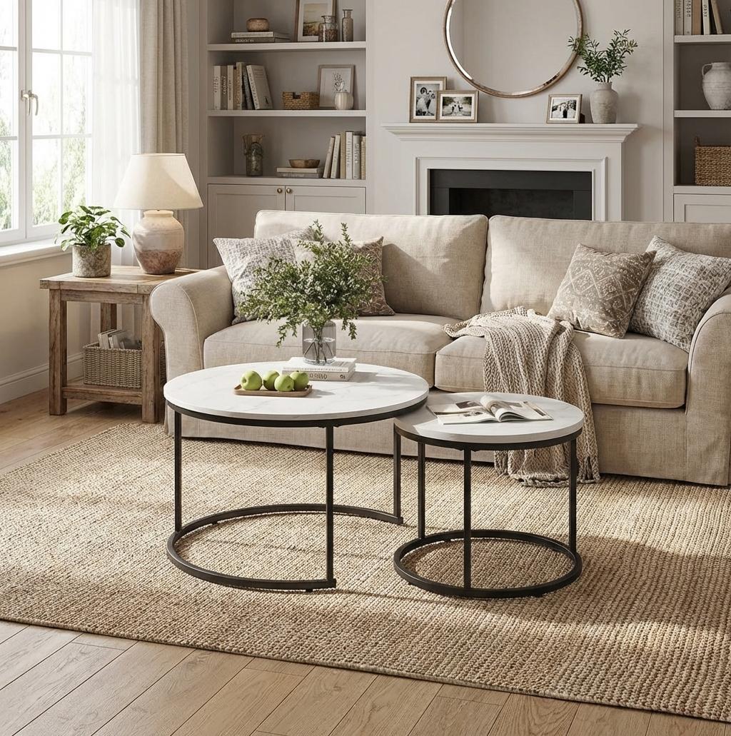 Nesting Coffee Table Set of 2, 27.6" Round Wood Marble Pattern Top, Sturdy Metal Frame, Modern Side End Tables for Home Office - White