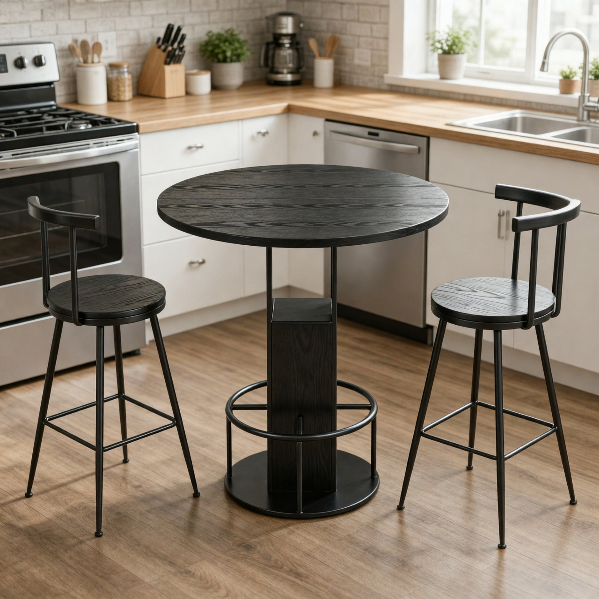 3-Piece Bar Table and Stool Set, Compact Round Wooden Bar Set with Metal Footrest