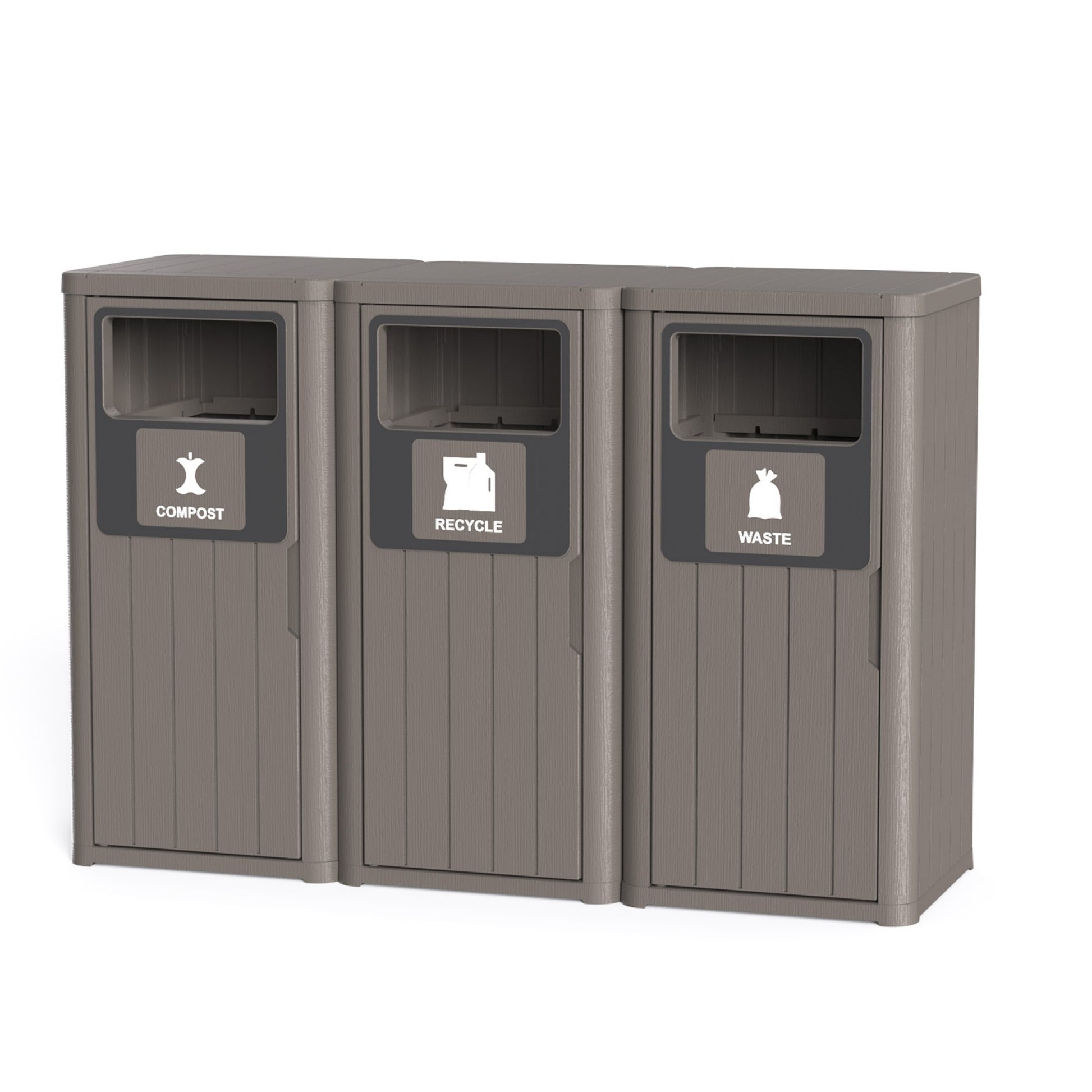 63 Gallon Outdoor Trash Bin, Resin Manual Lift Garbage & Recycling Storage Deck Box with Lid Triple-Bucket