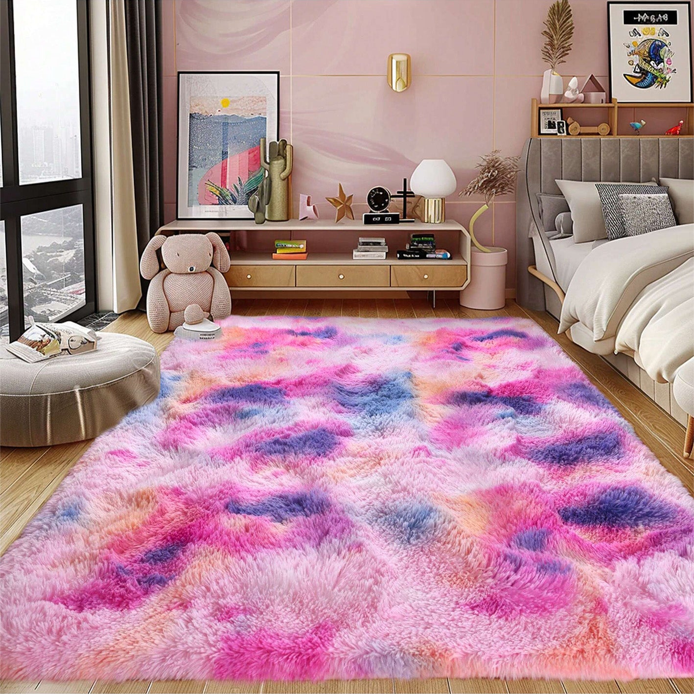 Extra Large Plush Shag Area Rug, 1.7" Thick Ultra Soft Non-Slip Tie-Dye Peacock Blue Mat