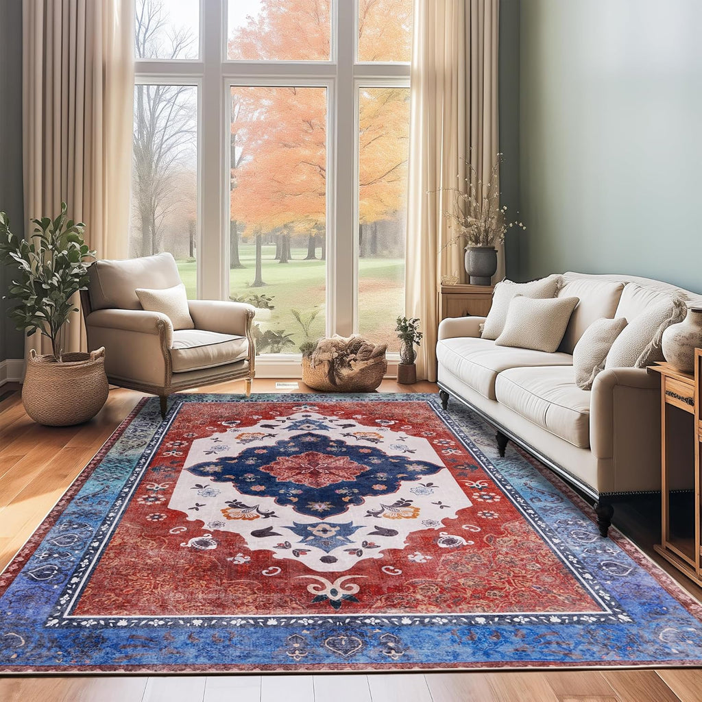 Washable Traditional Area Rug, Thin Foldable Distressed Floral Non-Slip Carpet for Bedroom Living Room Kitchen