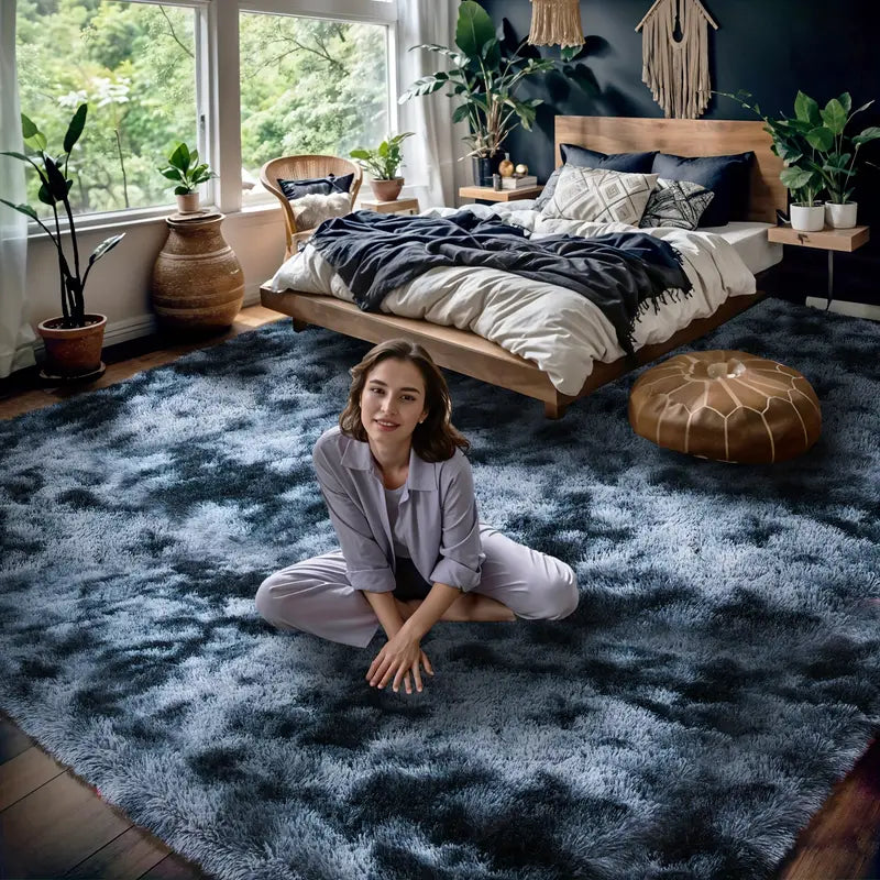 Tie-Dyed Blue Gray Shag Rug, Ultra Soft 1.7" Thick, Non-Slip Backing, 100% Polyester, Multi Sizes