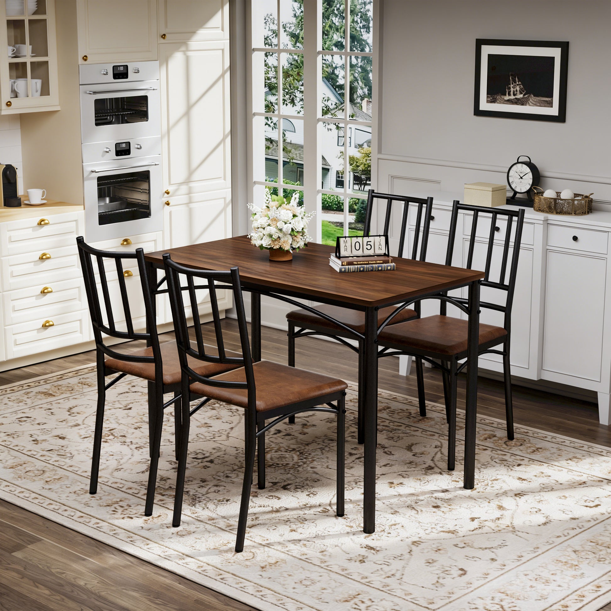Industrial Dining Table Set with 4 Benches, Multi-Functional Kitchen Breakfast Table for Living Room