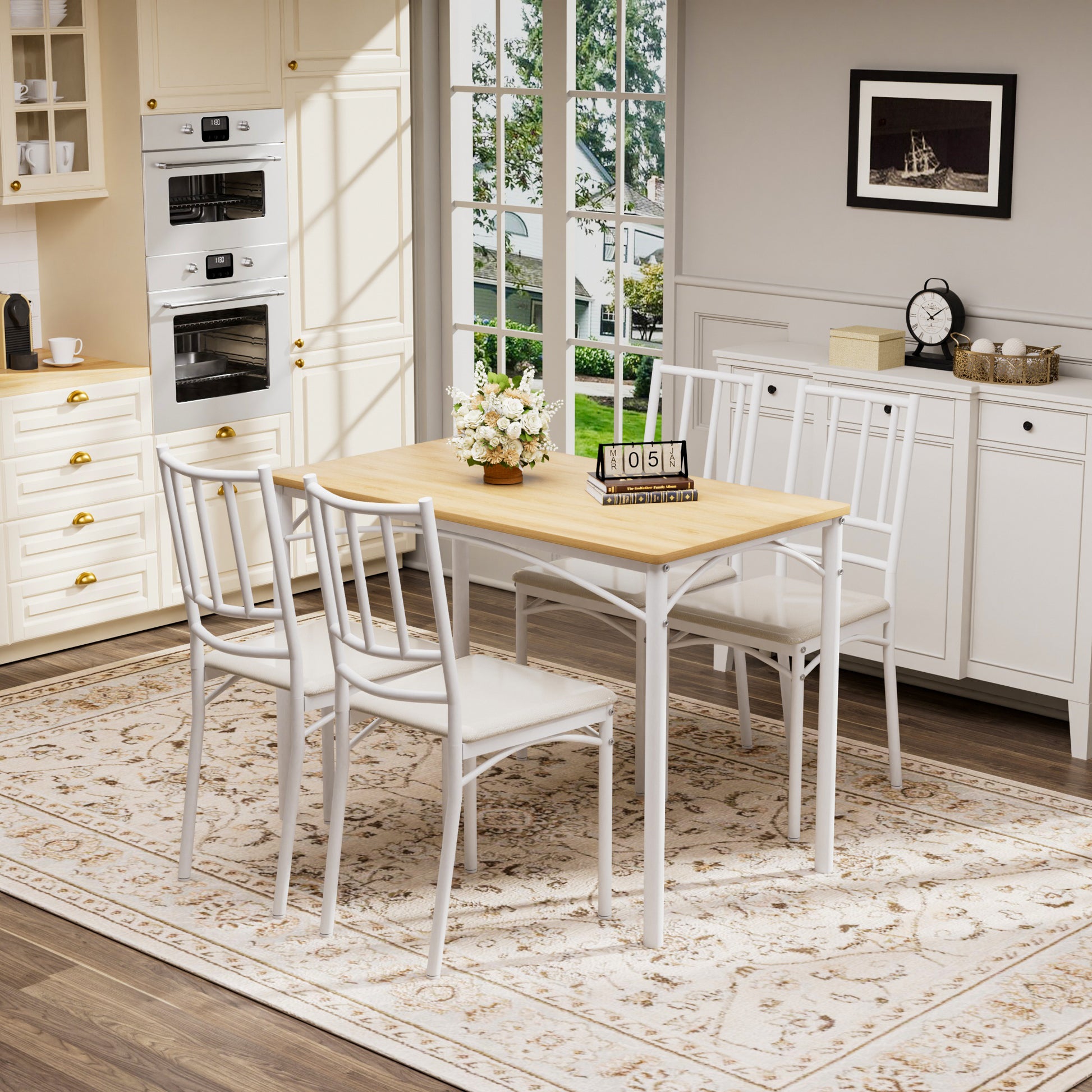 Industrial Dining Table Set with 4 Benches, Multi-Functional Kitchen Breakfast Table