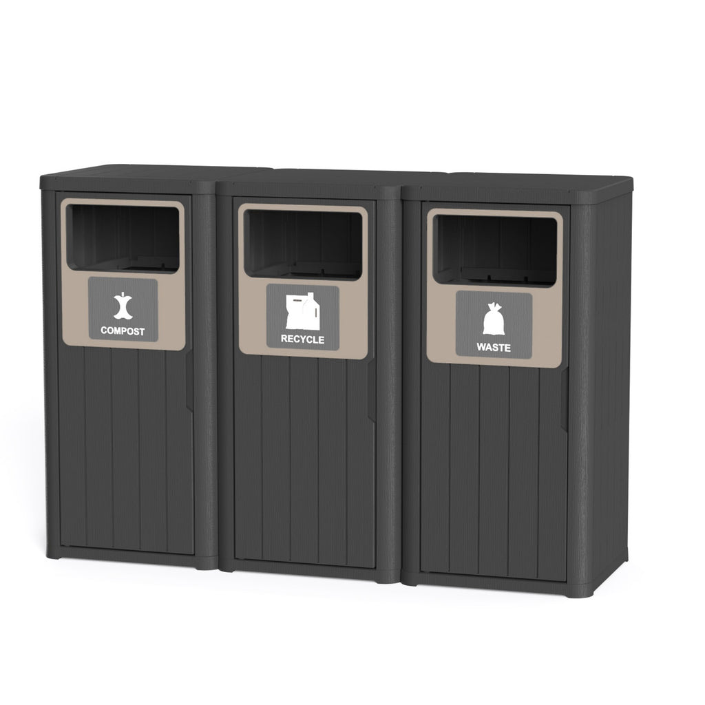 63 Gallon Outdoor Trash Bin, Resin Manual Lift Garbage & Recycling Storage Deck Box with Lid Triple-Bucket