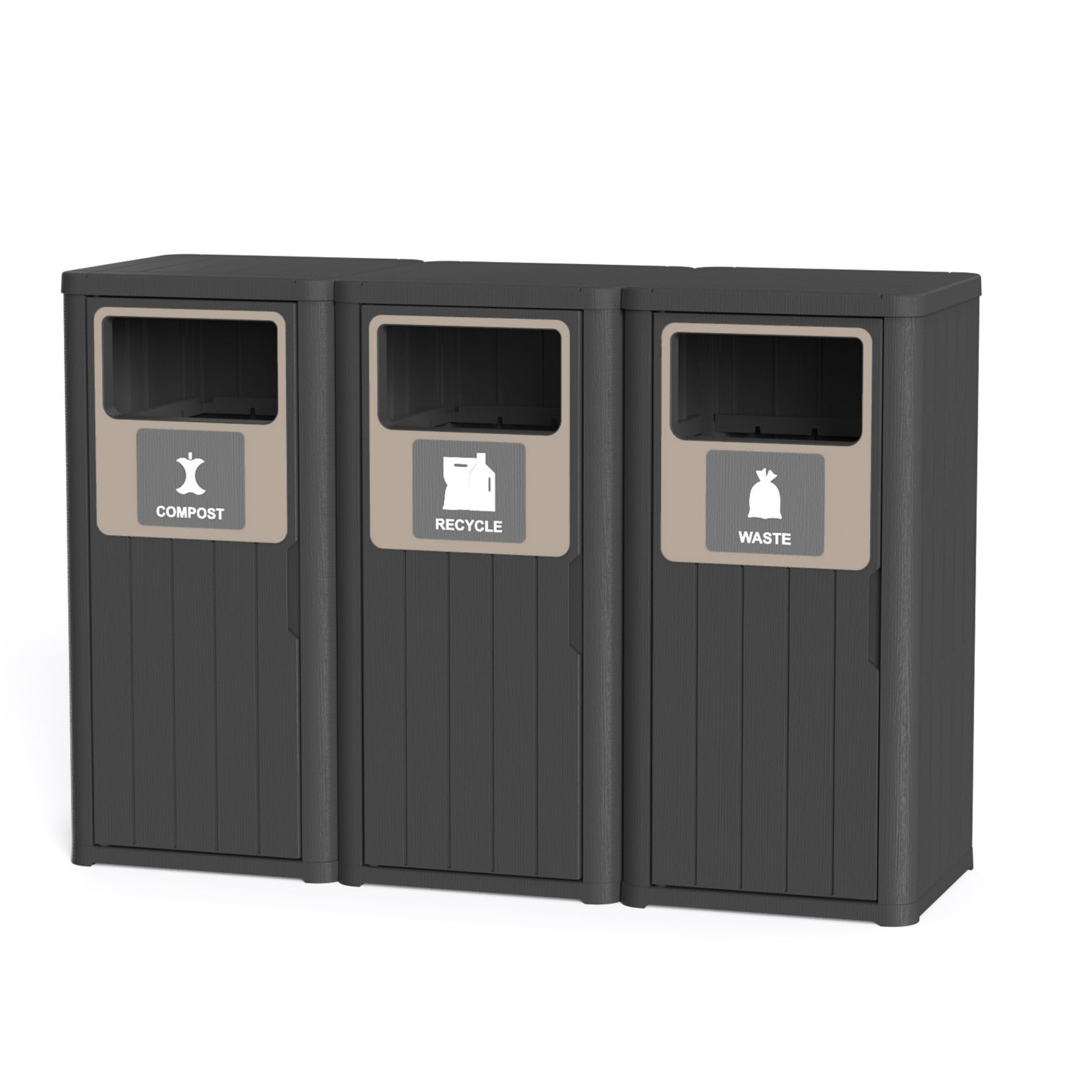 63 Gallon Outdoor Trash Bin, Resin Manual Lift Garbage & Recycling Storage Deck Box with Lid Triple-Bucket