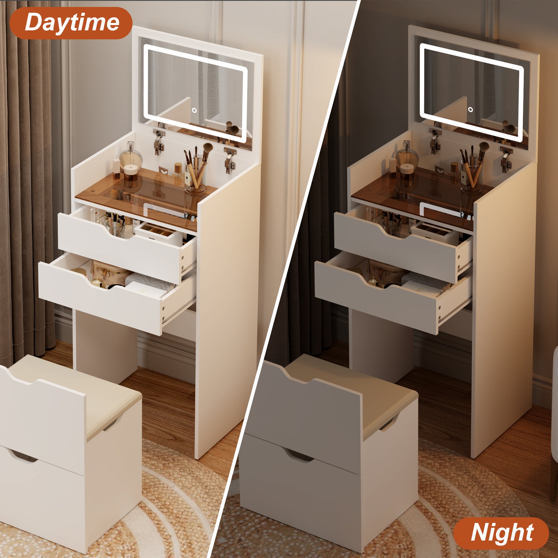 Makeup Vanity with Lights, 3-in-1 Vanity Desk Set with HD Mirror, 2 Drawers & Hidden Storage Stool