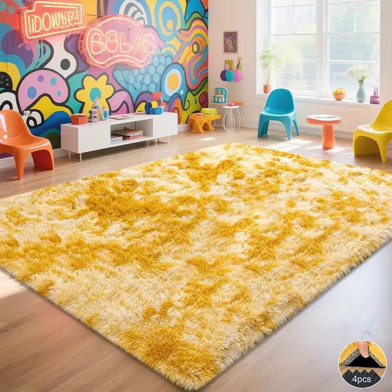Tie-Dyed Yellow Area Rug with 4 Reusable Stickers, Soft Shaggy Non-Slip Mat for Home Decor