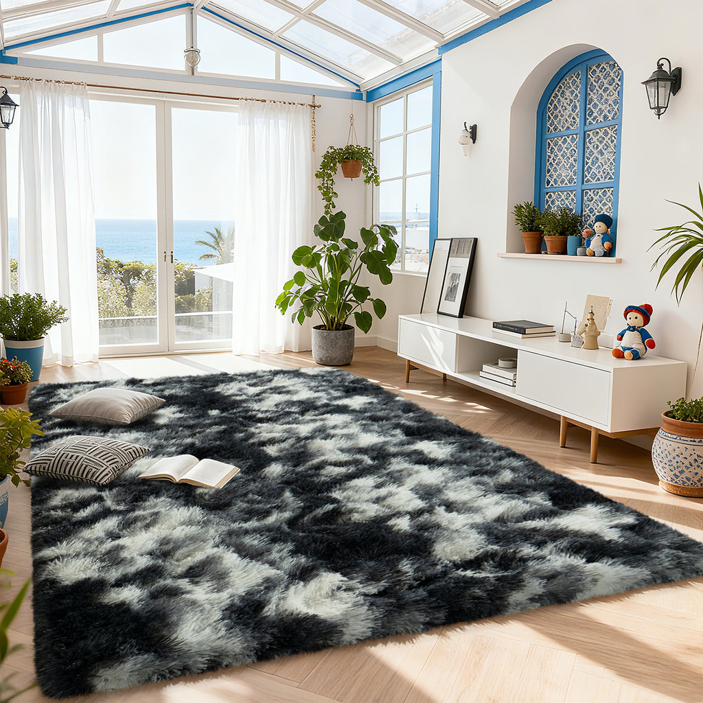 Extra Large Plush Shag Area Rug, 1.7" Thick Ultra Soft Non-Slip Tie-Dye Peacock Blue Mat