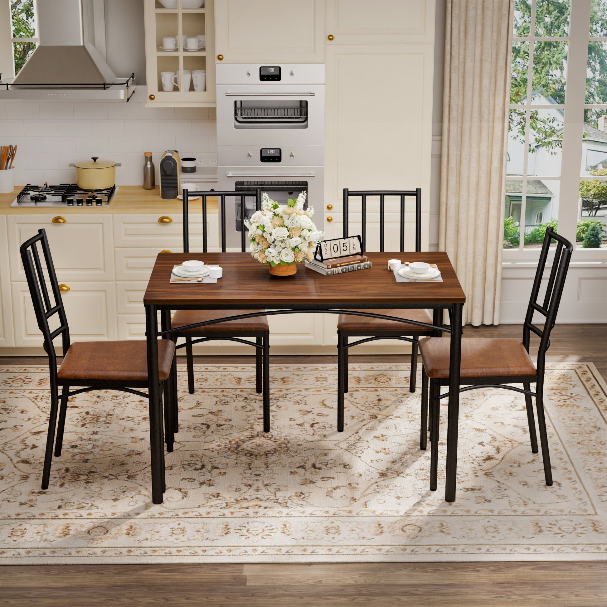 Industrial Dining Table Set with 4 Benches, Multi-Functional Kitchen Breakfast Table for Living Room