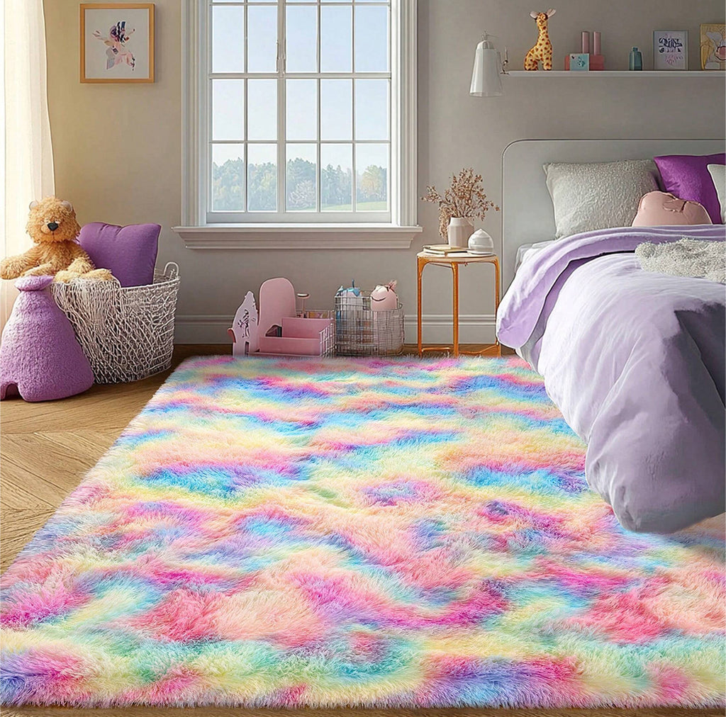 Rainbow Tie-Dye Fluffy Area Rug with Non-Slip Base & 4 Reusable Stickers, Plush Indoor Mat