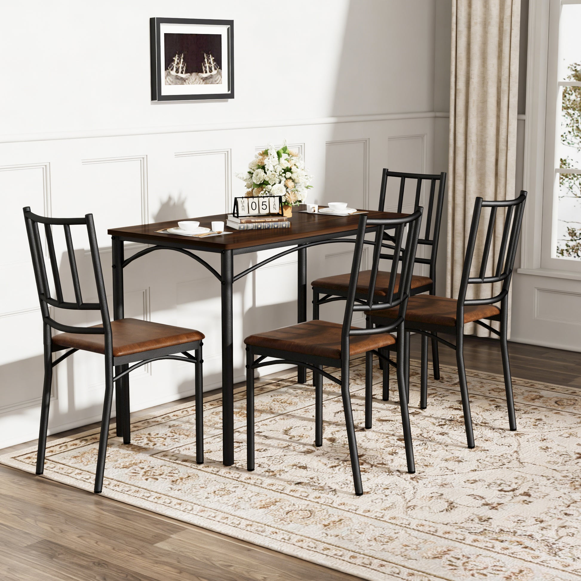 Industrial Dining Table Set with 4 Benches, Multi-Functional Kitchen Breakfast Table for Living Room