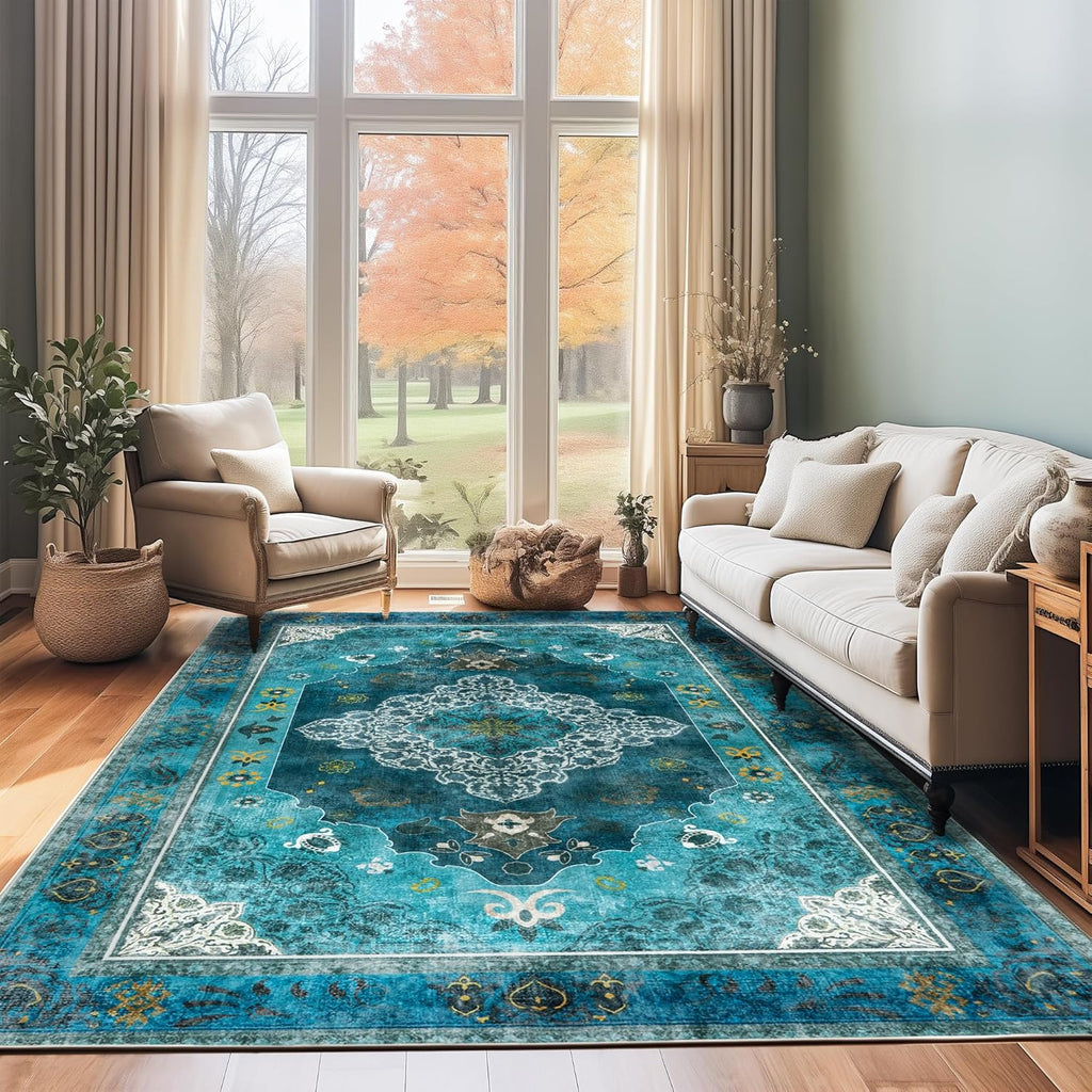 Washable Traditional Area Rug, Thin Foldable Distressed Floral Non-Slip Carpet for Bedroom Living Room Kitchen