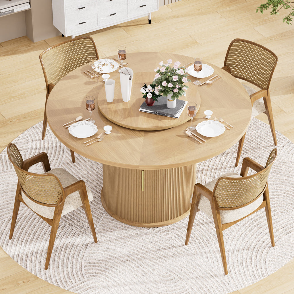Round Dining Table with Rotating Tray, Double-Tier Storage Rack with Wavy Striped Sliding Doors