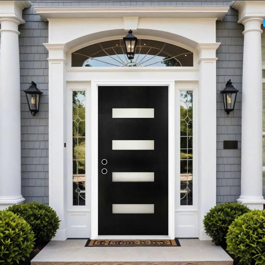 Chic Crate 36x80 Fiberglass Entry Door with Frosted Glass, Left Hand Inswing, Brickmould & Vinyl Frame