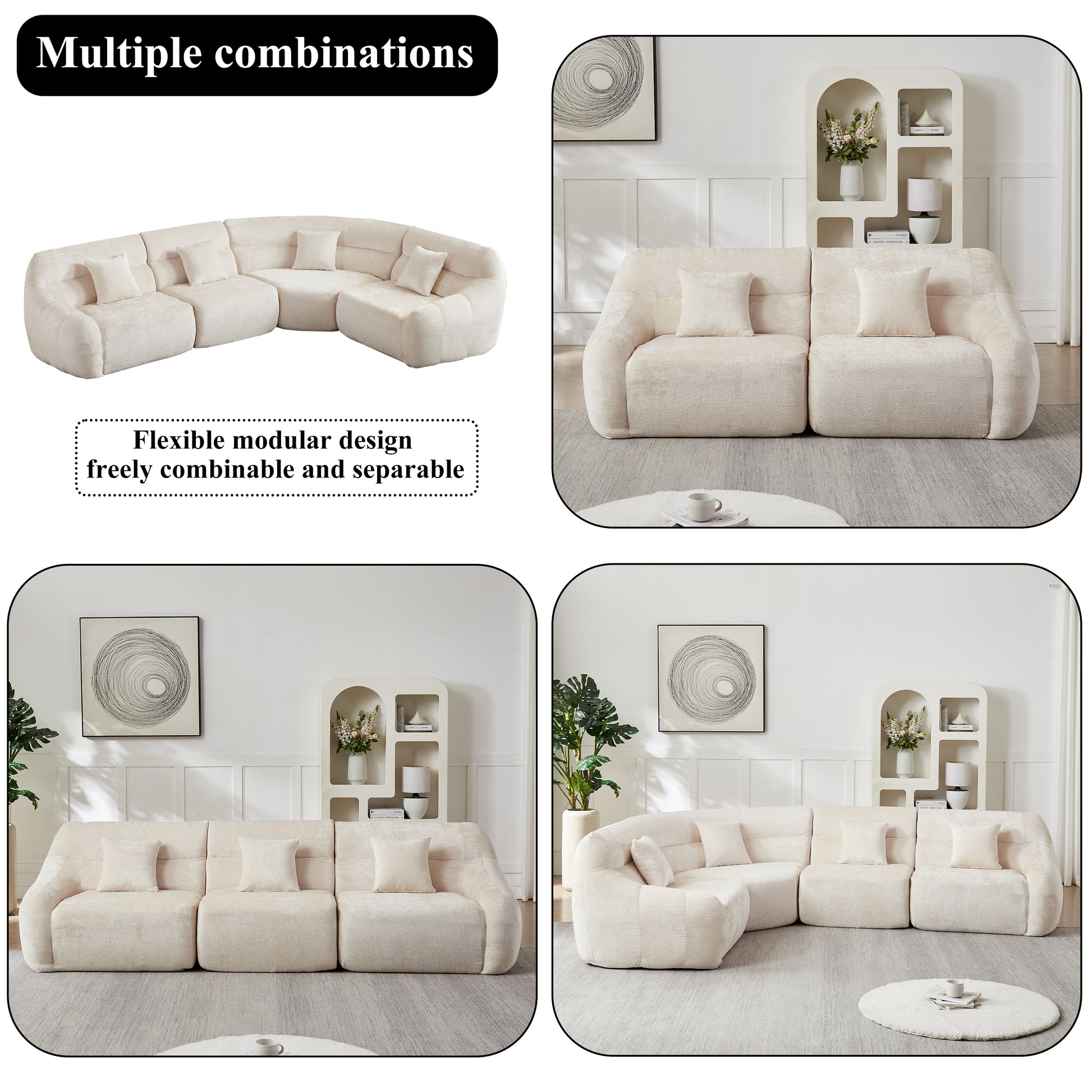 Curved Corner Sectional Sofa, Chenille Modular Cloud Sofa, High-Back 4-Seater Couch, No Assembly