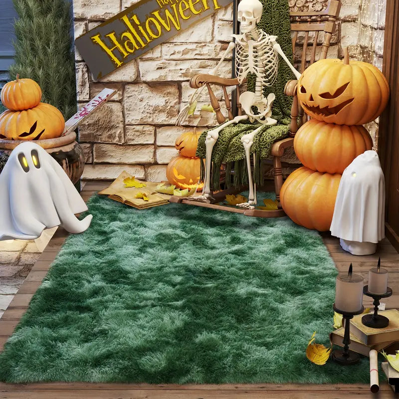 Tie-Dyed Green Fluffy Area Rug, Ultra Soft Non-Slip Mat with 4 Stickers, Multiple Sizes for Home Decor