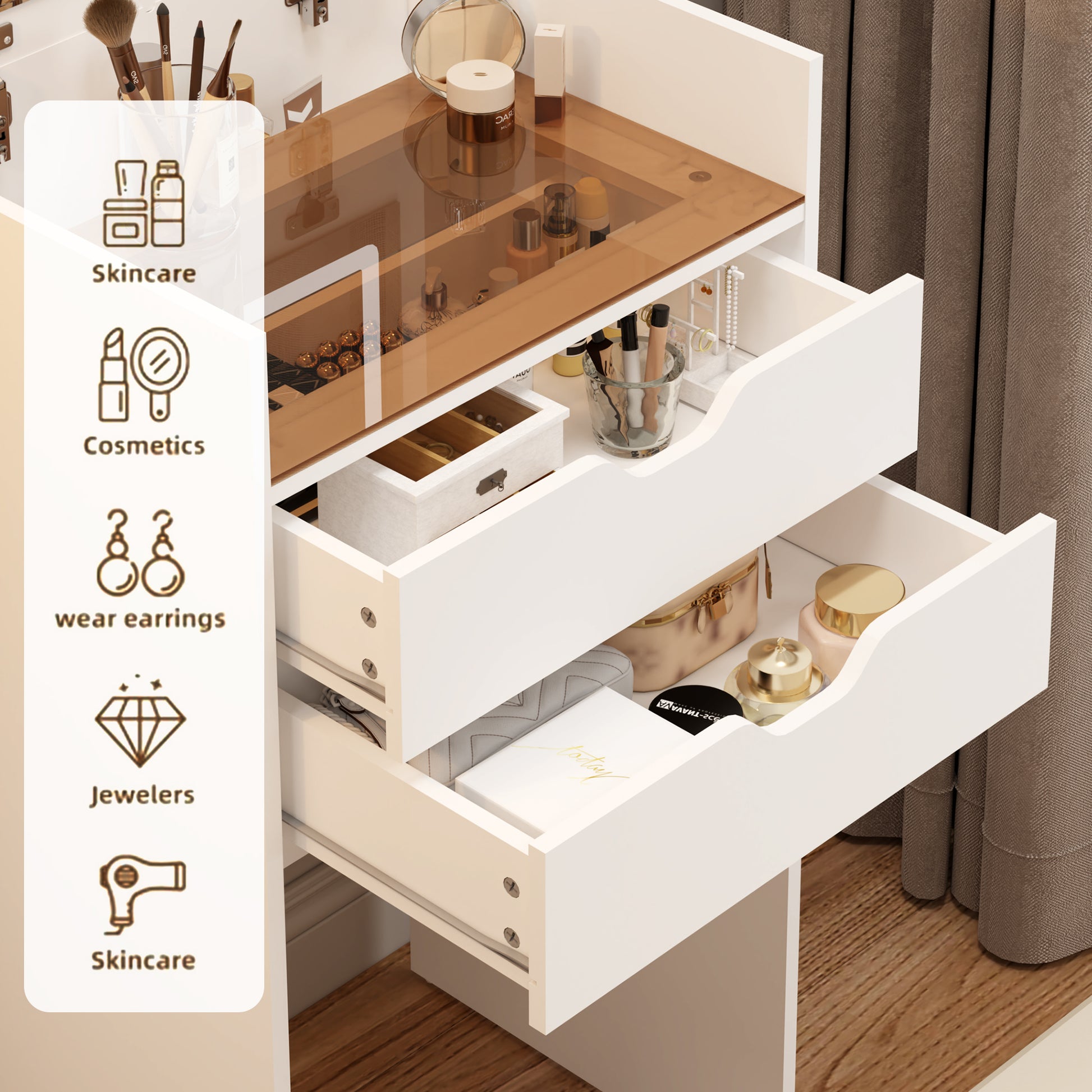Makeup Vanity with Lights, 3-in-1 Vanity Desk Set with HD Mirror, 2 Drawers & Hidden Storage Stool