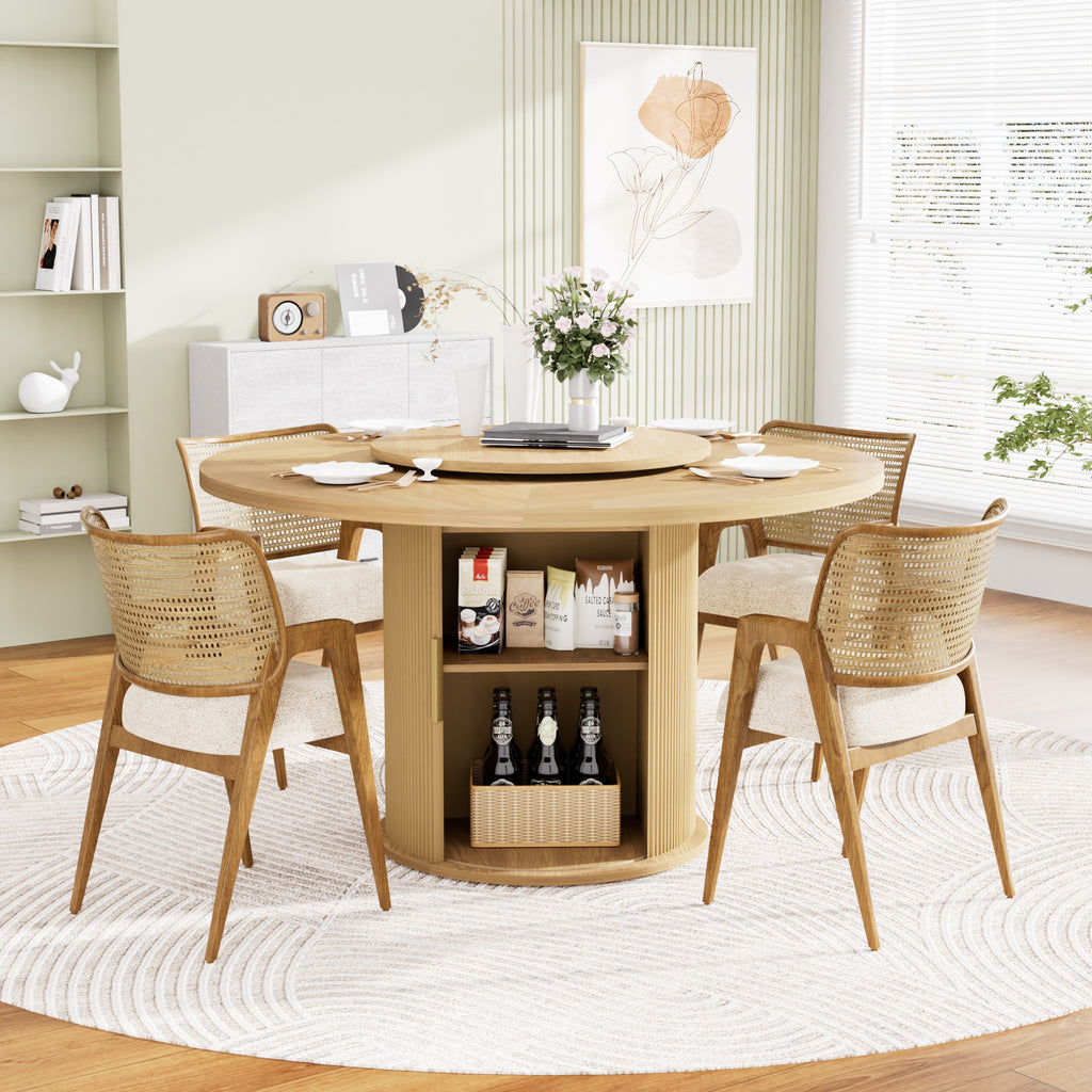 Round Dining Table with Rotating Tray, Double-Tier Storage Rack with Wavy Striped Sliding Doors