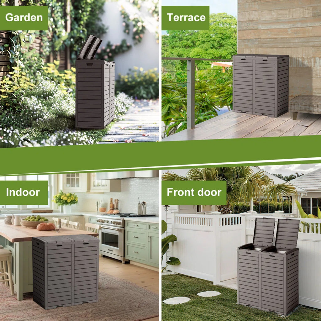 62 Gallon Outdoor Trash Bin, Resin Manual Lift Garbage & Recycling Storage Deck Box with Double-Bucket