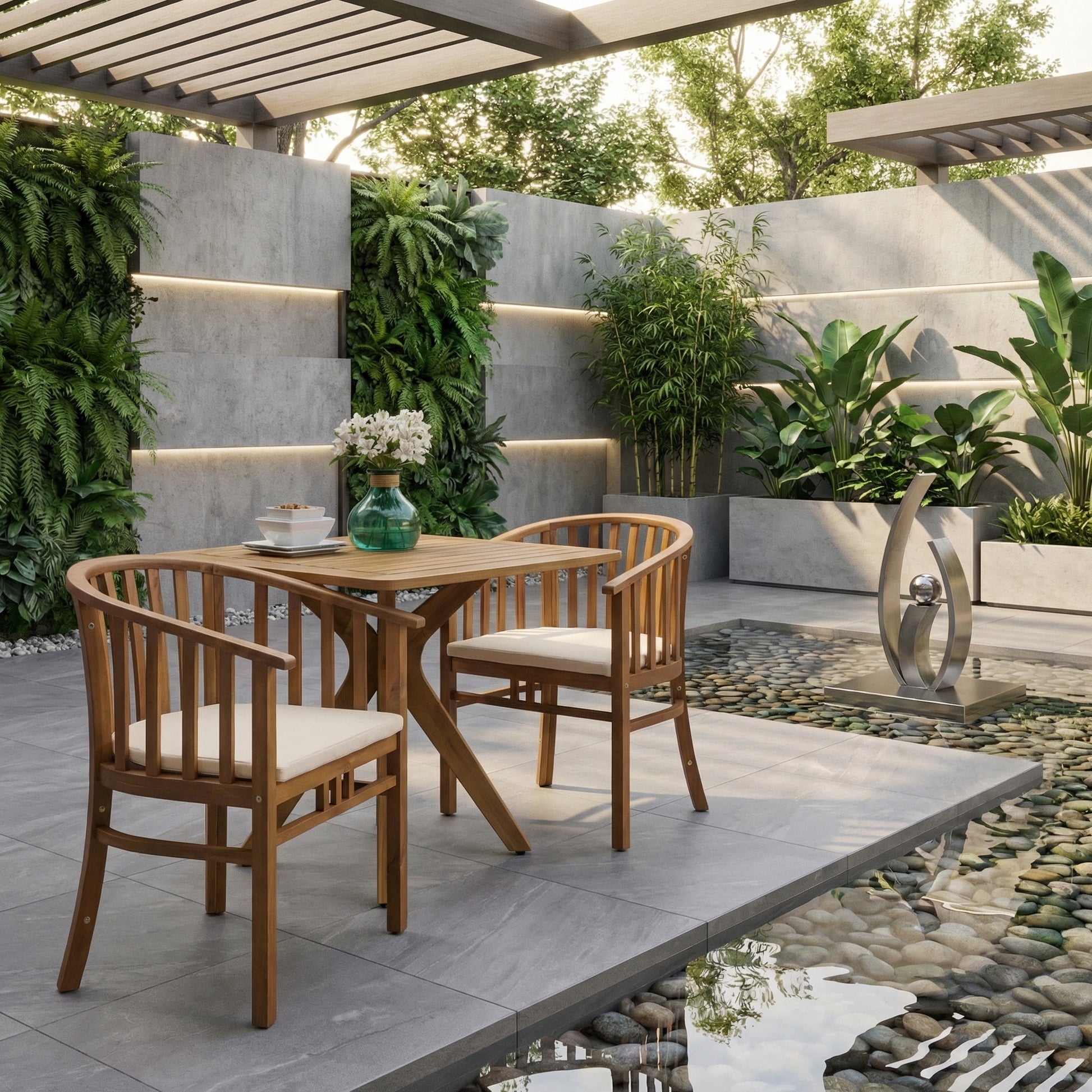 2-Pack Outdoor Wooden Dining Chairs with Cream Cushions, Teak Finish Weather-Resistant Patio Seating
