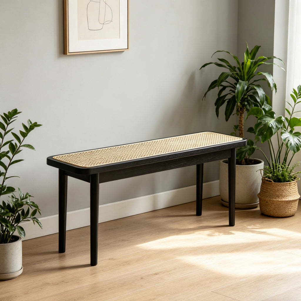 47.24" Solid Wood Dining Bench with Rattan Accent Entryway Seat