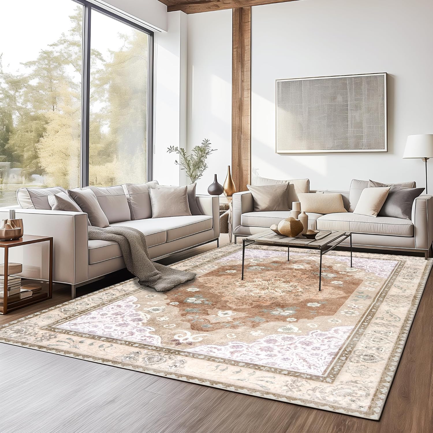 Washable Traditional Area Rug, Thin Foldable Distressed Floral Non-Slip Carpet for Bedroom Living Room Kitchen