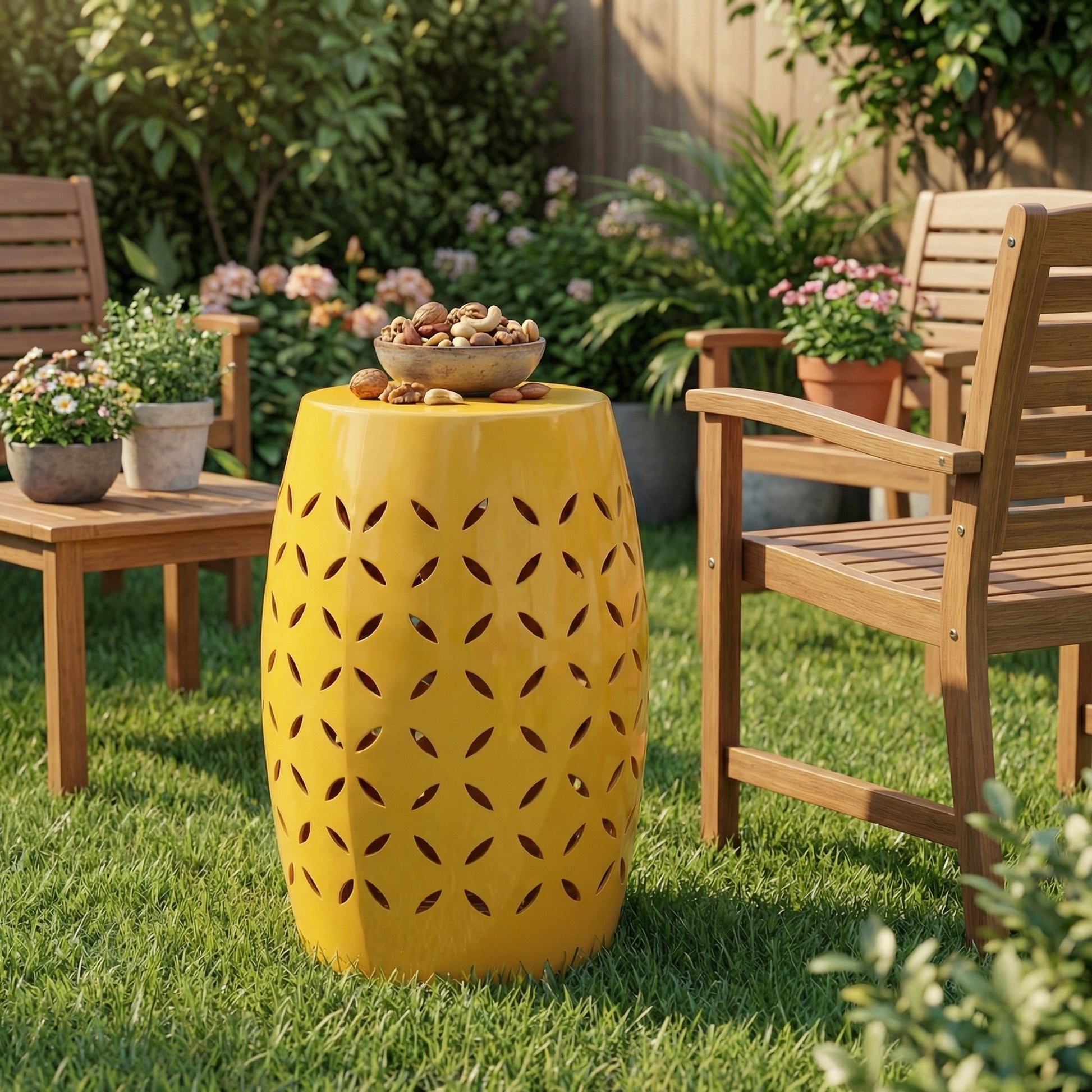 Outdoor Barrel Shaped Lace-Cut Side Table, All-Metal Construction, No Assembly, Versatile for Patio Garden Backyard - Yellow