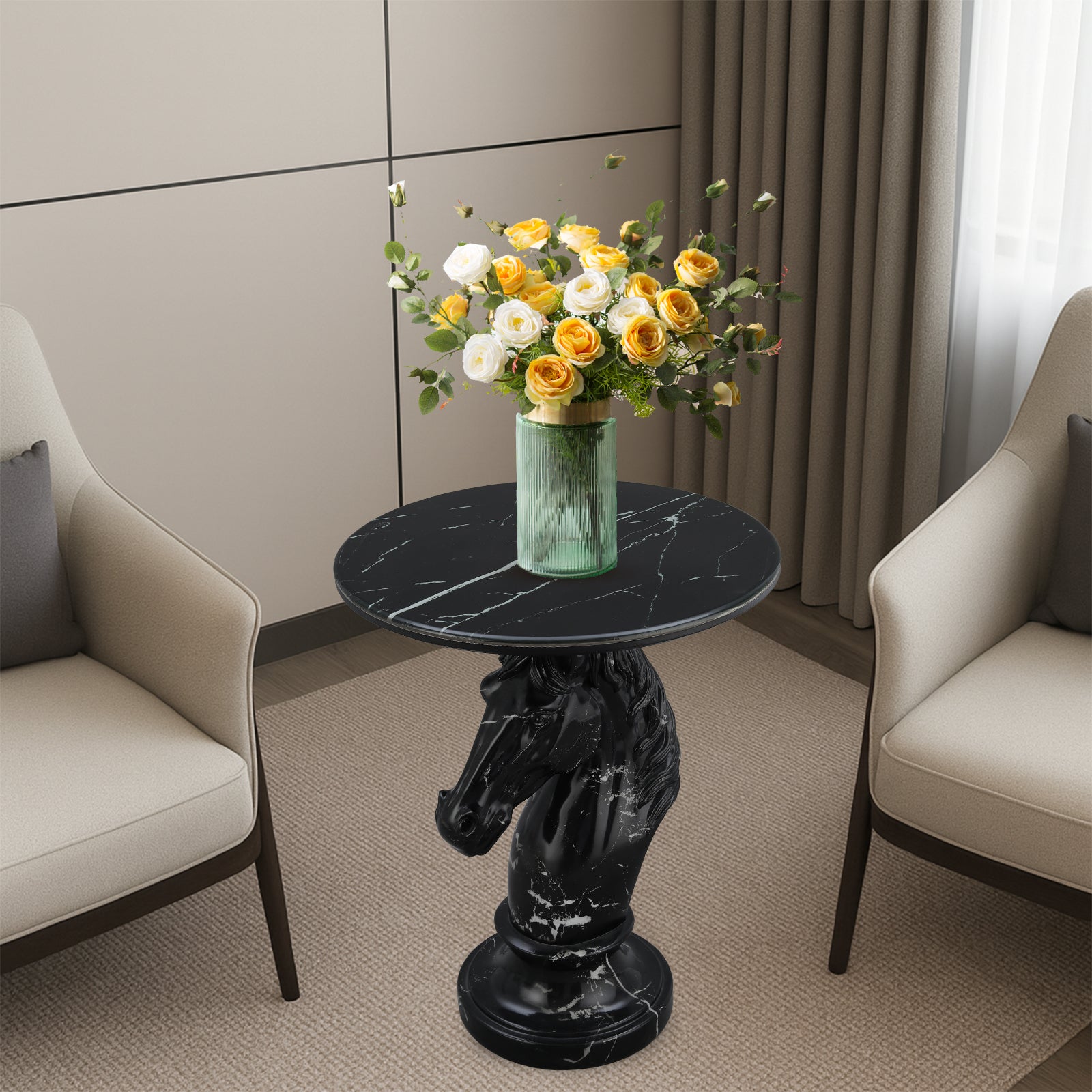 Black Horse Head Accent Table, Animal Statue End Table for Living Room