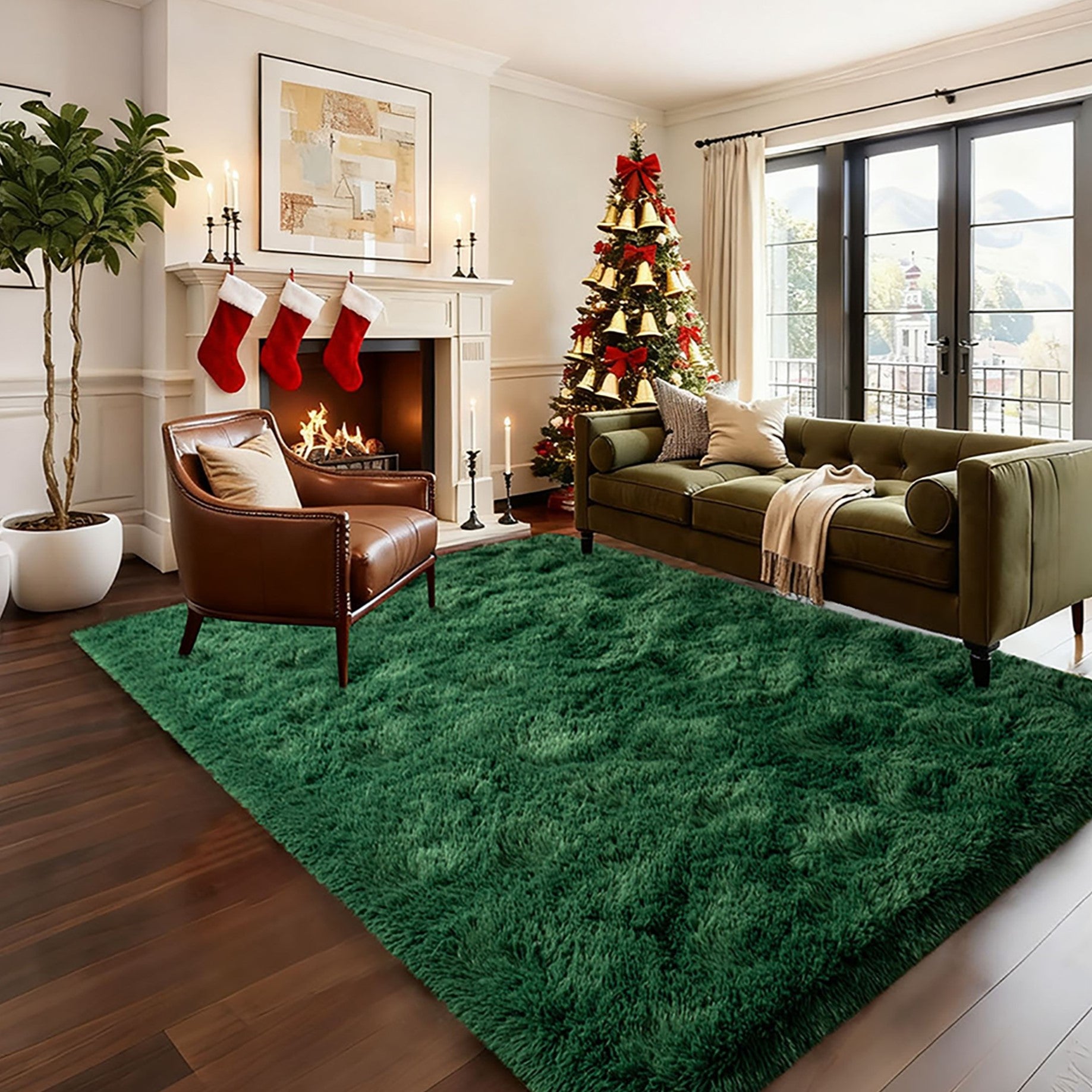 Grass Green Fluffy Shag Area Rug with Non-Slip Base & 4 Reusable Stickers, Soft Plush Mat