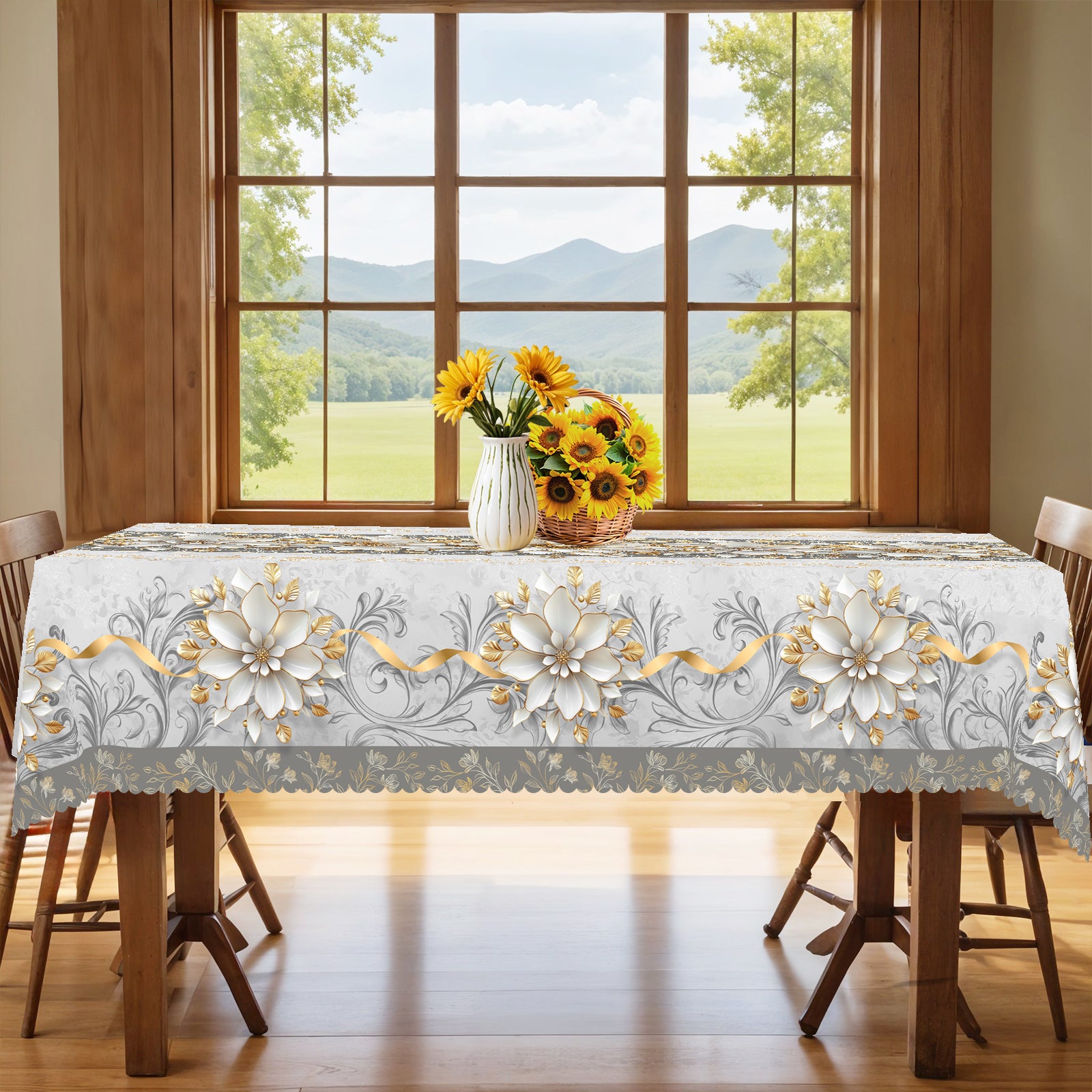 Floral Tablecloth with Colorful Flowers, Dustproof Easy-Care Dining Table Cover for Indoor Outdoor Use and Festive Home Decor