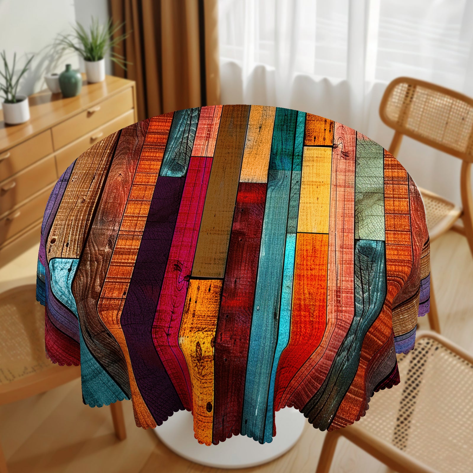 Colorful Wooden Plank Tablecloth, 60 inch round Dustproof Easy-Care Dining Table Cover for Indoor Outdoor Use and Festive Home Decor